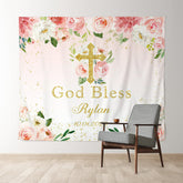 Lofaris God Bless Pink Floral Gold Glitter Backdrop for Bridal Shower